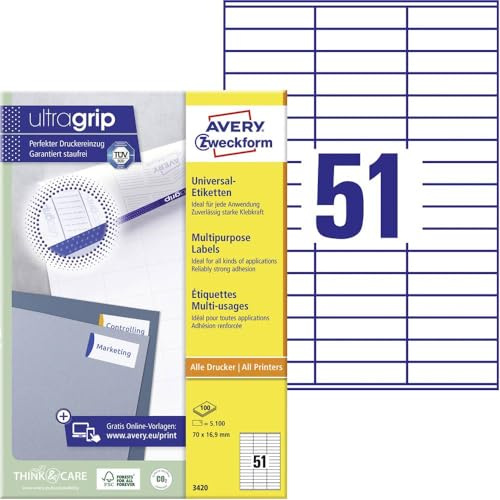 AVERY Zweckform 3420 Universal Etiketten (5.100 Klebeetiketten, 70x16,9mm auf A4, Papier matt, individuell bedruckbar, selbstklebende Aufkleber mit ultragrip) 100 Blatt, weiß