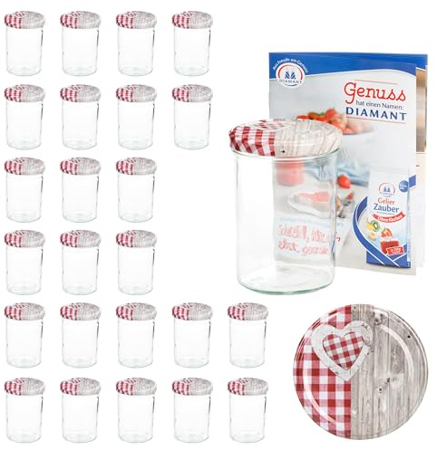 MamboCat 25er 435 ml Sturzglas-Set | Einmachgläser + Twist-Off-Deckel Holz-Herz rotkariert + GRATIS Rezeptheft | einkochen & konservieren | backofengeeignet