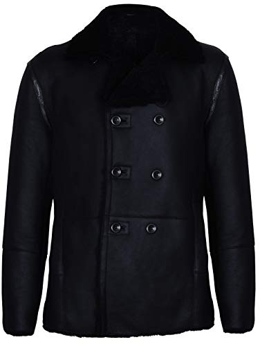 Infinity Leather Schwarzer Deutscher Zweireiher aus Echtem Schaffell Lammfell Lederjacke Mantel XL