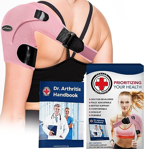 Doctor Developed Shoulder Brace - Bursitis Shoulder Brace - Rotator Cuff Shoulder Brace for Pain Relief - Compression Shoulder Brace for Women & Men with Handbook (Pink)