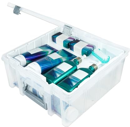 AB Designs Super Satchel 6899ABD Scatola organizer a doppio fondo con vassoio sollevabile e divisori rimovibili, contenitore impilabile per la casa, trasparente, con chiusure e maniglia argentate