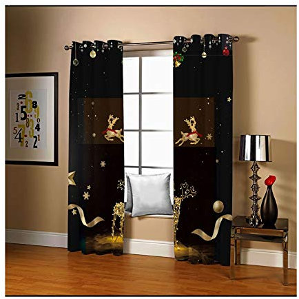 Daesar Tenda per Camera da Letto 2 Pannelli, Tenda Natale Interno Fiocco di Neve di Cervo e Campana Tenda Salotto Nera Oro Tende per Finestra Oscuranti 137x274CM