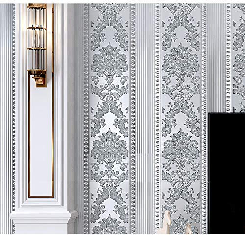 Prior.choice 9.5X0.53M Vintage Luxury Stripes Gold Damask 6 Colors Embossed Textured Non-Woven Wallpaper Roll for Bedroom Livingroom 1.73' W x 31.2' L=5.035㎡ (54sq.ft) (Gray)