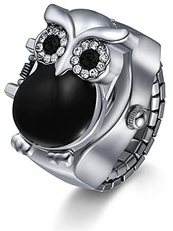 JewelryWe Ringuhr Fingeruhr Damen Analog Quarz Uhr Elastisch Ring Edelstahl Eule Deko Uhr Uhrenring Weiß Schwarz Rot