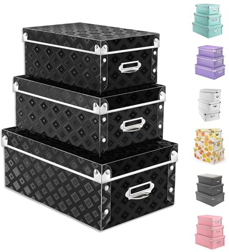 XUCHUN Storage Box with Lids (Black), Set of 3 Waterproof Foldable Plastic Box Multiple Sizes for Socks/Office