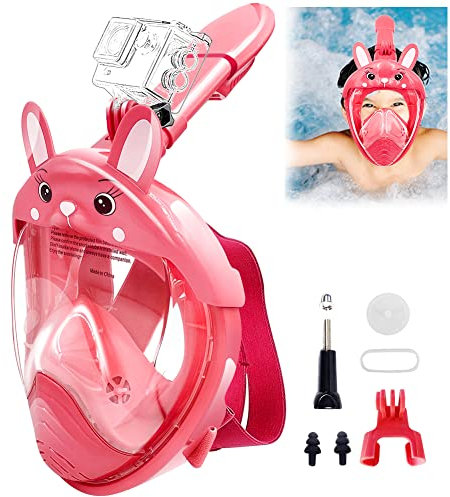 HINATAA Maschera da snorkeling per bambini, vista panoramica a 180°, per snorkeling, anti-nebbia e anti-perdite, con supporto per fotocamera rimovibile adatta per bambini dai 4 ai 10 anni (rosa)