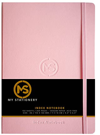MS MY STATIONERY Notizbuch, fester Einband, Kunstledereinband, 8 mm linierter Rand, A-Z, 264 Seiten, 100 g/m², weißes Papier, 11 x 16 cm, Blush Pink