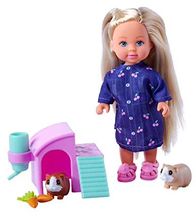 Simba Evi Love Guinea Pigs, Spielpuppe mit Zwei Meerschweinchen und Häuschen, Trinkflasche und Karotten, 12cm, ab 3 Jahren