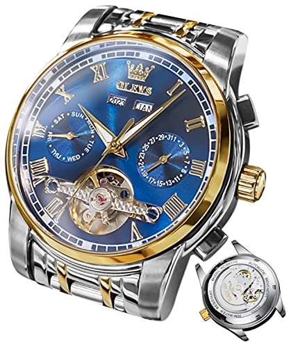 OLEVS Herrenuhren Automatik Blau Mechanische Armbanduhr mit Tourbillon Kalender Wasserdicht Leuchtende Zweifarbige Uhren Männer