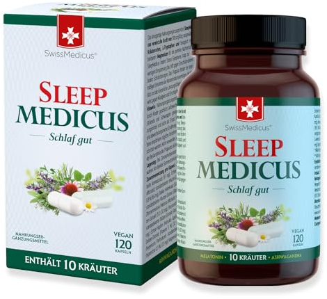 SwissMedicus SleepMedicus - die Kraft von 10 Kräutern, wie Ashwagandha, Zitronenmelisse Blüte und mehr mit Magnesium für die perfekte Nachterholung, 120 vegane Kapseln