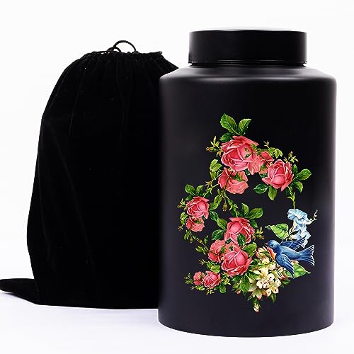 PinkMemory Rose Gedenkurne schwarz für menschliche Asche dekorative Einäscherungsurne Rose Kolibri Muster Beerdigung Särge Urne für weibliche männliche Hunde Katzen Asche mit schwarzem Samtbeutel