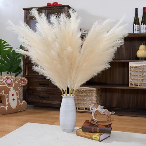 8 Stück 110 cm künstliche Pampasgräser Beige Künstliche Pampasgras Große Flauschige Kunstblumen Lange Gefälschte Federn Blumen für Boho Hochzeitsarrangement Wohnzimmer Dekoration