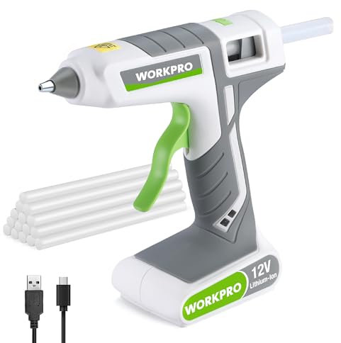 WORKPRO Cordless Glue Gun,12V Rechargeable Fast Preheating Hot Glue Gun Kit with 15pcs Full Size Glue Sticks(11x200mm) Battery Powered Glue Gun for DIY Project, Art, Craft - White