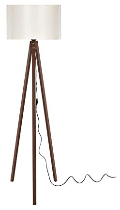Lampe de sol pour salon - Trépied en bois - Effet noyer - Crème