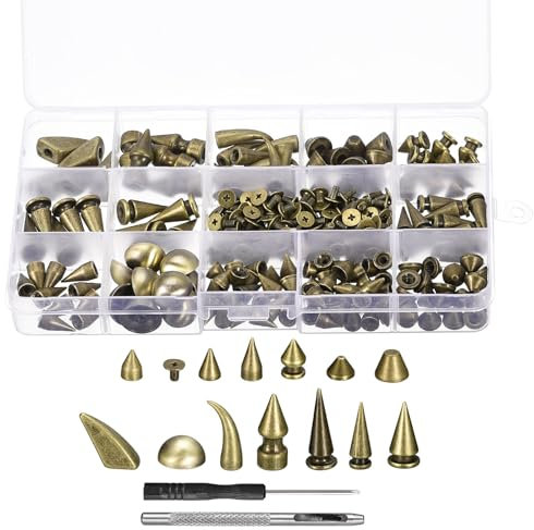 QUARKZMAN 150 Sets Kegelstifte Nieten, 13 Größen Nieten und Spike Leder Nieten Set mit Installationswerkzeugen für Lederhandwerk, Kleidung, Schuhe, Gürtel, Taschen, Bronze