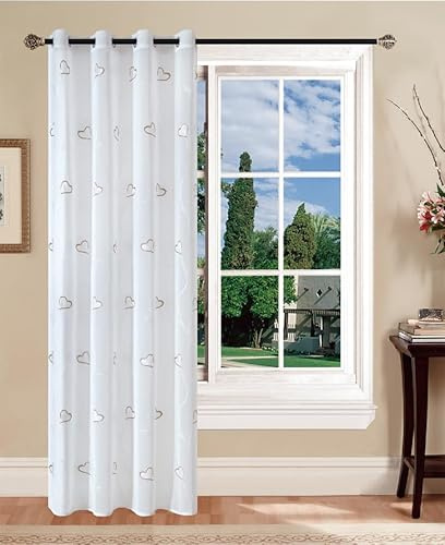 Tata Home Coppia Tendoni per Interni a Vetro Finestra Semitrasparenti Bianche Tende Camera Soggiorno Sala da Pranzo Fantasia Shabby Chic 140x290 cm con Cuori Beige