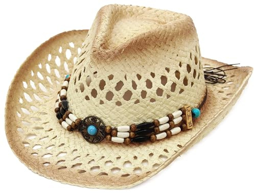 EOZY Women's Straw Cowboy Hat Bend Brim Fedora Hat Sun Beads Decorates Hollow Out Cowgirl Sun Hats for Beach Outdoor Khaki