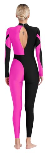 Fldy Maillot de manga larga para mujer, traje de cuerpo entero, malla, patchwork, gimnasia, danza, ballet, leotardo, patinaje sobre hielo, disfraz de danza, Rosa caliente_A, S