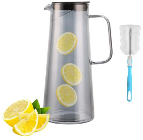 DAJAVE 1.35L Caraffa in Vetro, con coperchio rimovibile e disco filtro, Trasparente e resistente calore borraccia in vetro borosilicato, per limonata, acqua, tè e succhi di frutta