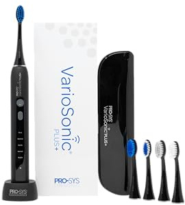 PRO-SYS® VarioSonic Plus+ Full Kit Professional Electric Toothbrush, Rechargeable with Pressure Sensor and Timer, Customizable Intensity Powered Toothbrush with Travel Case (Black)