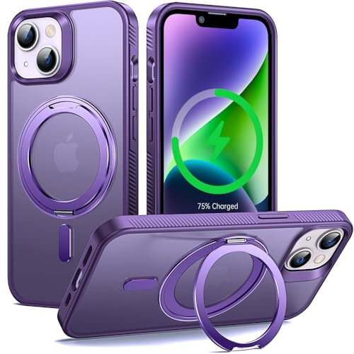 Supdeal Magnetic Kickstand for iPhone 13/14 Case, Compatible with MagSafe 360° Rotatable Ring Stand Holder, Non-slip Hard Matte Translucent Cover Military-Grade Shockproof Phone Case, 6.1, Purple
