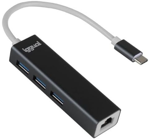 iggual – Hub USB-C con 4 Puertos, Adaptador USB C con 3 Puertos para USB 3.0 y 1 Puerto RJ45 Gigabit Ethernet, Adaptador Tipo C Compatible con Macbook Pro/Air, iPhone y Galaxy, Cable de 15cm