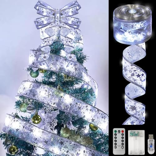 Meleager Lumières de Ruban Sapin de Noël, 10 M 100 Led Guirlande Lumineuse Ruban, Ruban Sapin Noël LED, Argent Ruban Lumineux Sapin pour Décoration d'arbre de Noël, Mariage, Fête