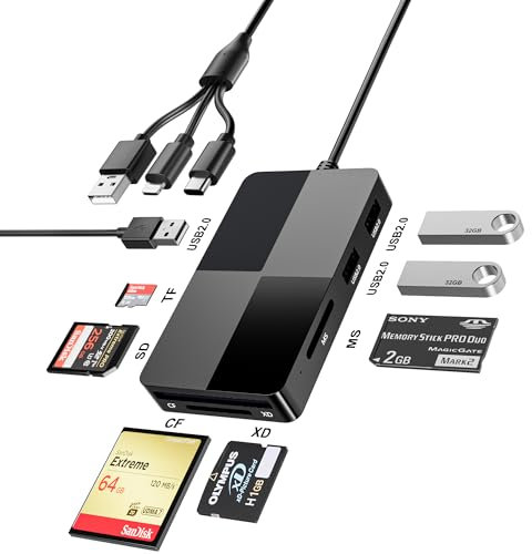Lettore di Schede Multiple USB C USB A Lightning, SD/TF/CF/Micro SD/XD/MS 8 in 1 Lettore Adattatore Hub con 3 Porte USB 2.0 per iPhone/iPad, per schede TF SDXC SDHC CFI Micro SDXC Micro SDHC MMC UHS-I