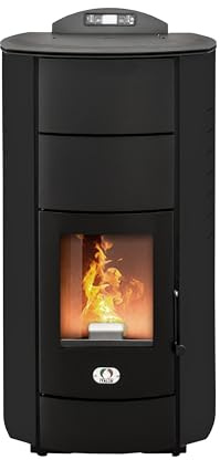 STUFE A PELLET ITALIA Manhattan 24 KW WiFi | Hydro-Pelletöfen für Heizung und Warmwasser 92% Effizienz Heizt 180m² Autonomie 22 Std Programmierbar 5 Geschwindigkeiten und Kräfte 24M Garantie Schwarz