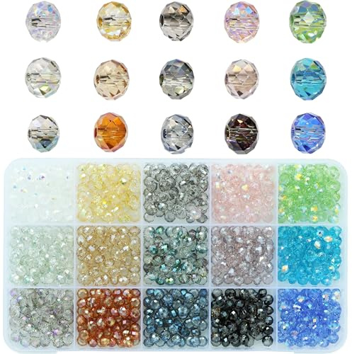 Bala&Fillic 6 mm briolett glaspärlor facetterade rondell, gör-det-själv hantverk kristallglaspärlor för armband blandade 15 färger med behållarlåda (totalt 750 st)
