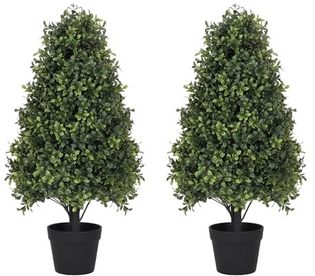 Azoco 30 Boxwood Topiary Trees Artificial Outdoor Set of 2, UV Resistant Faux Plants for Front Porch Planters, Realistic Cone-Shaped Fake Bushes & Shrubs, 2.5ft Evergreen Decoration