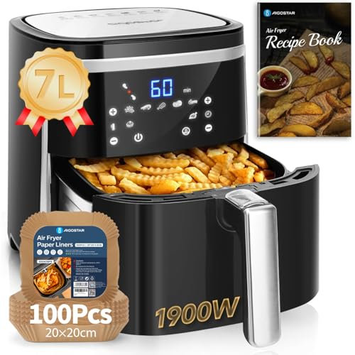 Aigostar Freidora de aire sin aceite 7L, 1900W, 7 funciones preestablecidas + 100 Hojas de 20cm, Papel Horno Freidora Aire Antiadherente para Freidora Aire 5-8 L,Horno,Sartenes,Microondas, Compatible