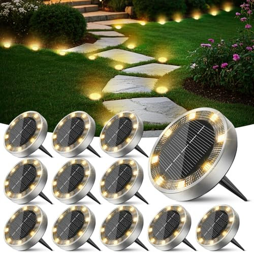 Peasur Luci Solari da Giardino, 12 Pezzi Faretto Led da Esterno Solare da Terra, 8 LED Sepolta Faretti Solari Impermeabile per Prato, Scala, Paesaggio (Bianco Caldo)