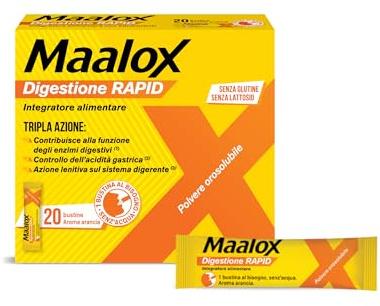 Maalox Digestione RAPID, Integratori, Cattiva Digestione, Acidità di Stomaco – Per Adulti e Bambini 6+, Gravidanza, Senza Glutine e Lattosio (20 Bustine)