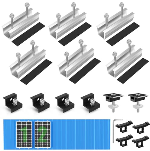 BOSYTRO Kit de Montaje PV, Soporte para Módulos Solares para 2 Módulo, Riel Plateado de 12 cm + Clips de Drenaje 30MM + Abrazadera Ajustable para Módulos de 30-35 mm de Grosor, para Tejados Planos