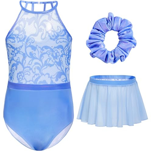 Gogokids Girls 3 PCS Halter Gymnastics Set, Kids Gymnastics Leotard with Rhinestone & Mesh Floral Design, Sparkling Ballet Unitard Includes Leotard, Chiffon Skirt & Hair Tie Gymnastics Gifts for 11-12