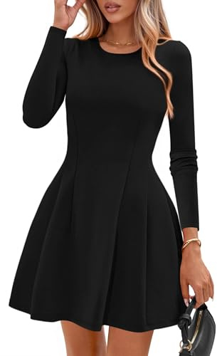 PRETTYGARDEN Long Sleeve Mini Dress for Women 2026 Spring Crewneck Knit Pleated Babydoll A Line Casual Short Party Dresses (Black,Small)