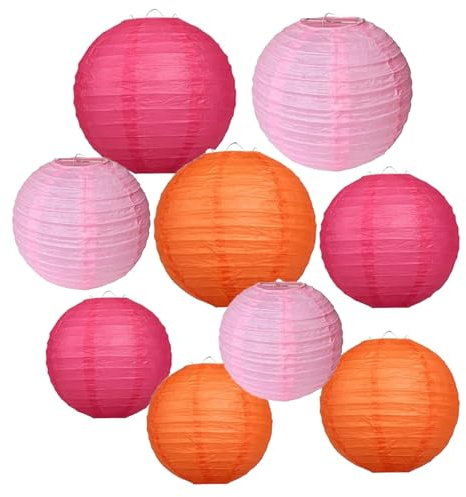 9 Stück Rosa und Orange Papier Lampions,Orange und Rosa Papier Laterne Runde Papierlaterne hochzeitsdeko,draußen,Festival deko, Brautdusche Babyparty Geburtstag Partydekor