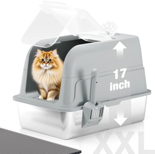 APPKER Edelstahl Katzenklo, XXL Katzenklo mit Deckel, Leicht zu Reinigen, Katzentoilette mit Hohem Rand aus Metall, 120° Vollständig Transparentem Klappdeckel, Schaufel und Matte – Grau