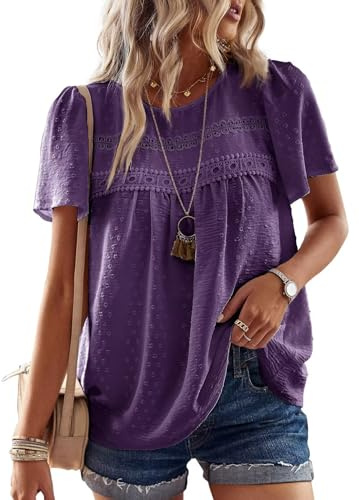 TUUHAW T-Shirt da Donna Pizzo Manica Corta Magliette con Scollo Estive Top | Casual Camicia, Boho Maglie, Pizzo Maglie, Estiva Maglietta, Elegante Blusa, Traspirante Classica, Vintage Affari Tunica