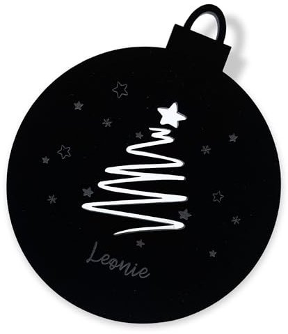 Personalisierte Weihnachtskugel aus Holz (Ø 10 cm) – Tannenbaummotiv – Schwarz oder Weiß – Stilvolle Weihnachtsdeko mit Gravur – Mit Kordel zum Aufhängen (TANNENBAUM schwarz)