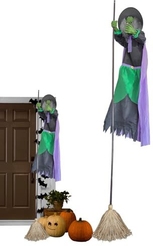 Weqizuerqi Hexen-Deko auf Besen | Halloween Fliegenbesen für den Außenbereich | leuchtende Dekoration für Garten, Haustür, Spukhaus, Escape Room