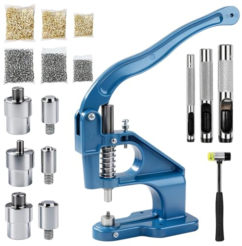 LetCartMaker Manuell öljettmaskin, handtryckstansverktyg med 6/10/12 mm matriser och 9 000 st öljetter (silver/guld), kraftiga öljettinställningsverktyg för läder, banderoller och väskor, blå