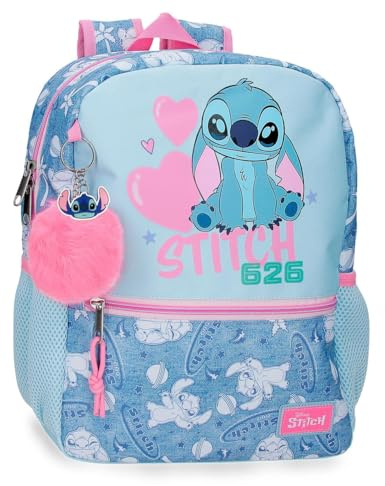 Disney Stitch Hearts Mochila infantil, escolar, fabricada en Poliéster, bolsillos laterales, tirantes anchos ajustables, Asa superior para colgarla, Con etiqueta de identificación, sistema magic Fix.