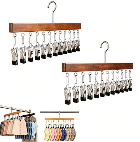 Schrank-Organizer mit 12 Clips, Hosenbügel Holz mit Wäsche Haken, Kleiderschrank Organizer, Kleiderbügel Clip drehbarer Clip-Aufhänger für Leggings,rutschfeste Metallclips (Retro-Farbe)