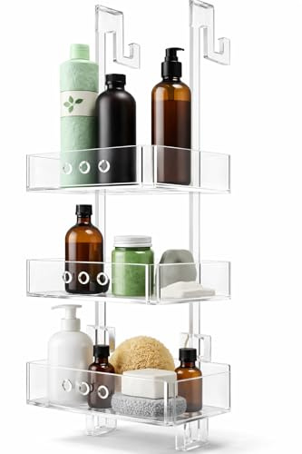 Regplex Porte-shampoing de douche à suspendre, plexiglas transparent, organiseur de salle de bain avec 3 étagères, montage sans vis, porte-savon et accessoires de douche pour vitres de 16 à 25 mm