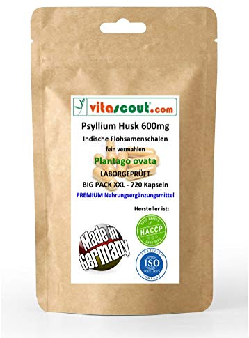 Flohsamenschalen – 100% Indische Flohsamen – 720 Vegane Kapseln – Psyllium Husk – 600mg pro Kapsel – 5400mg Tagesdosis – Ohne Zusätze – Laborgeprüft – VITASCOUT®