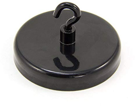FIRST4MAGNETS Ferrite Black Painted Clamping Magnet with M4 Hook for Hanging, Holding or Displaying Items - 57mm Dia - 25kg Pull