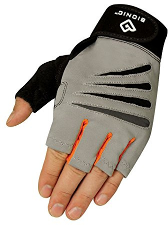 Bionic Glove Men's Cross-Training Fingerless Gloves w/ Natural Fit Technology, Gray/Orange (PAIR), Large