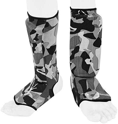 Espinilleras para niños para kickboxing, almohadillas protectoras para los pies, para niños (camuflaje gris, XXS (de 9 a 13 años)